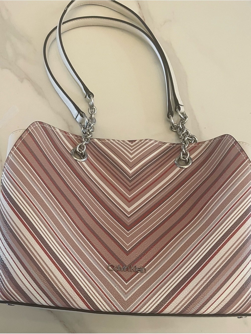 Calvin Klein Striped Chevron Tote Bag in Blush and Cream - Picture 4 of 6
